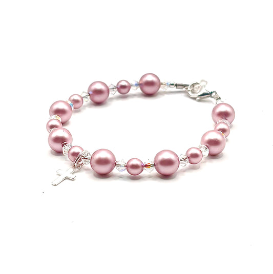 Rose Pearl and Cristal Baptism Cross Bracelet Full Angle